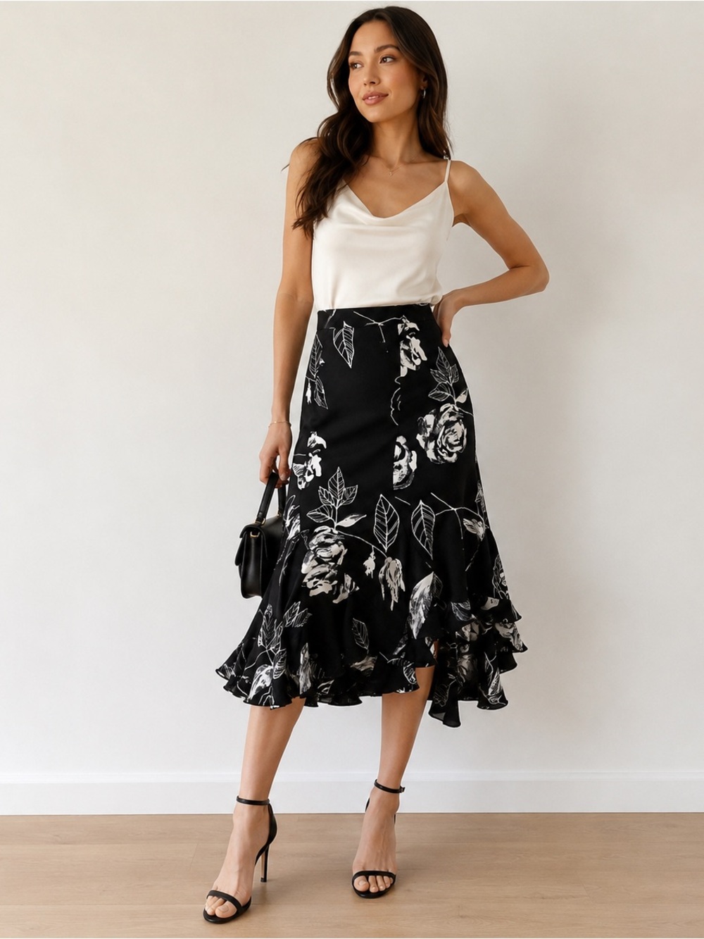 Bianca Nygård Black & White Floral Ruffle Hem Midi Skirt | Size 6